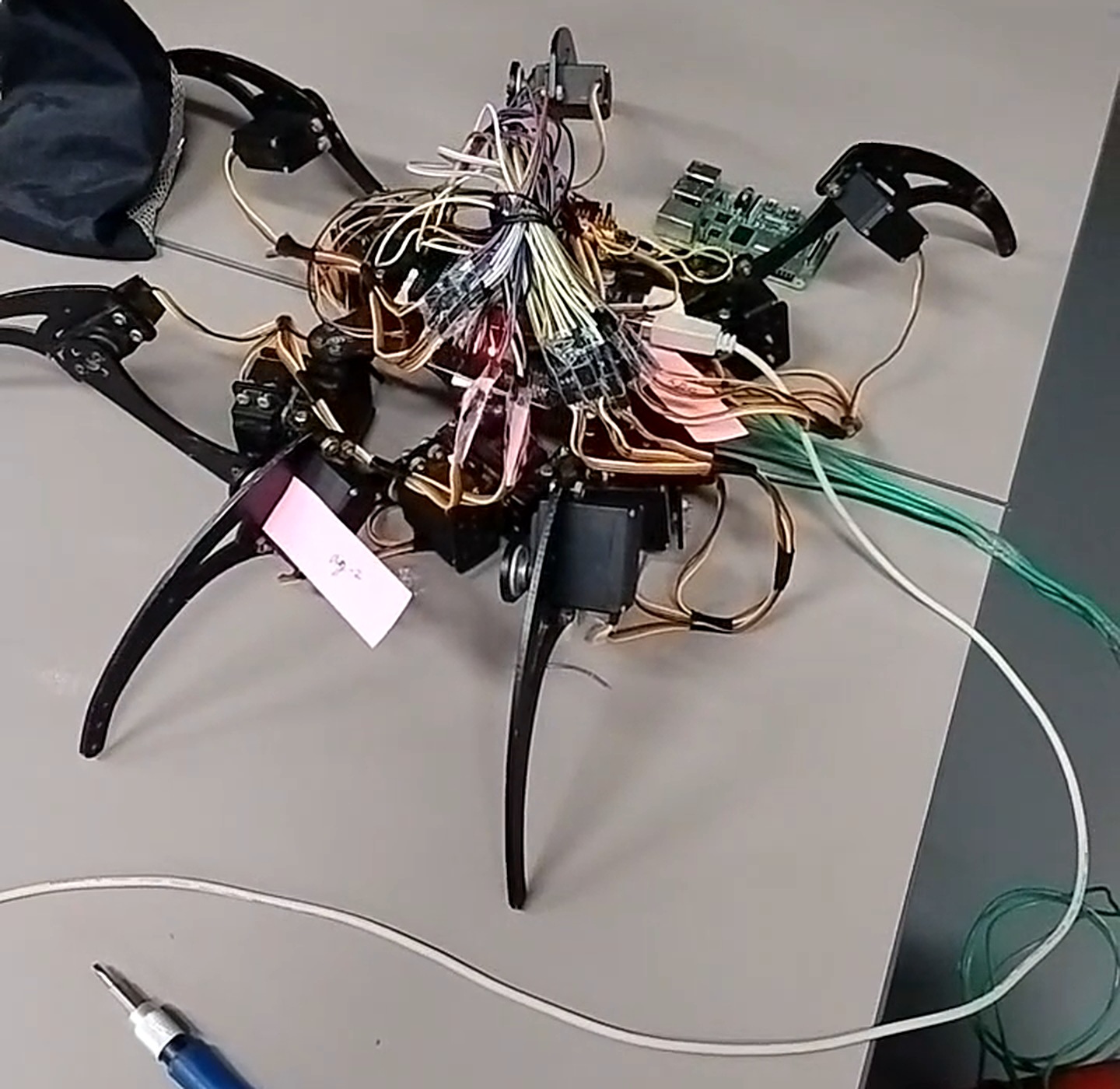 The hexapod standing on a table, viewed from above.