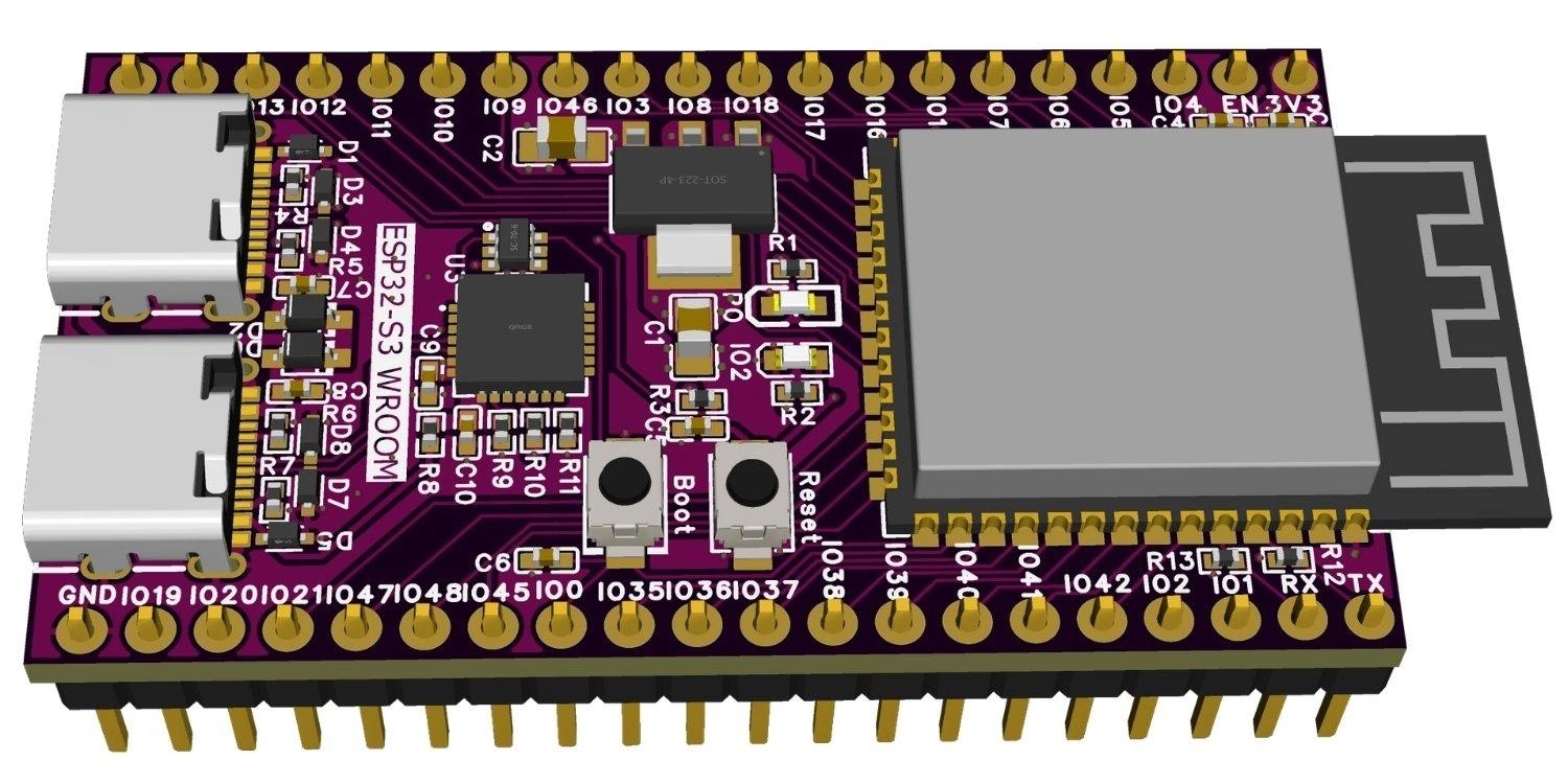 3D render of the Prometheus S3 board: purple 4-layer PCB with two USB-C ports, an ESP32-S3 module, boot and reset buttons and two rows of header pins.