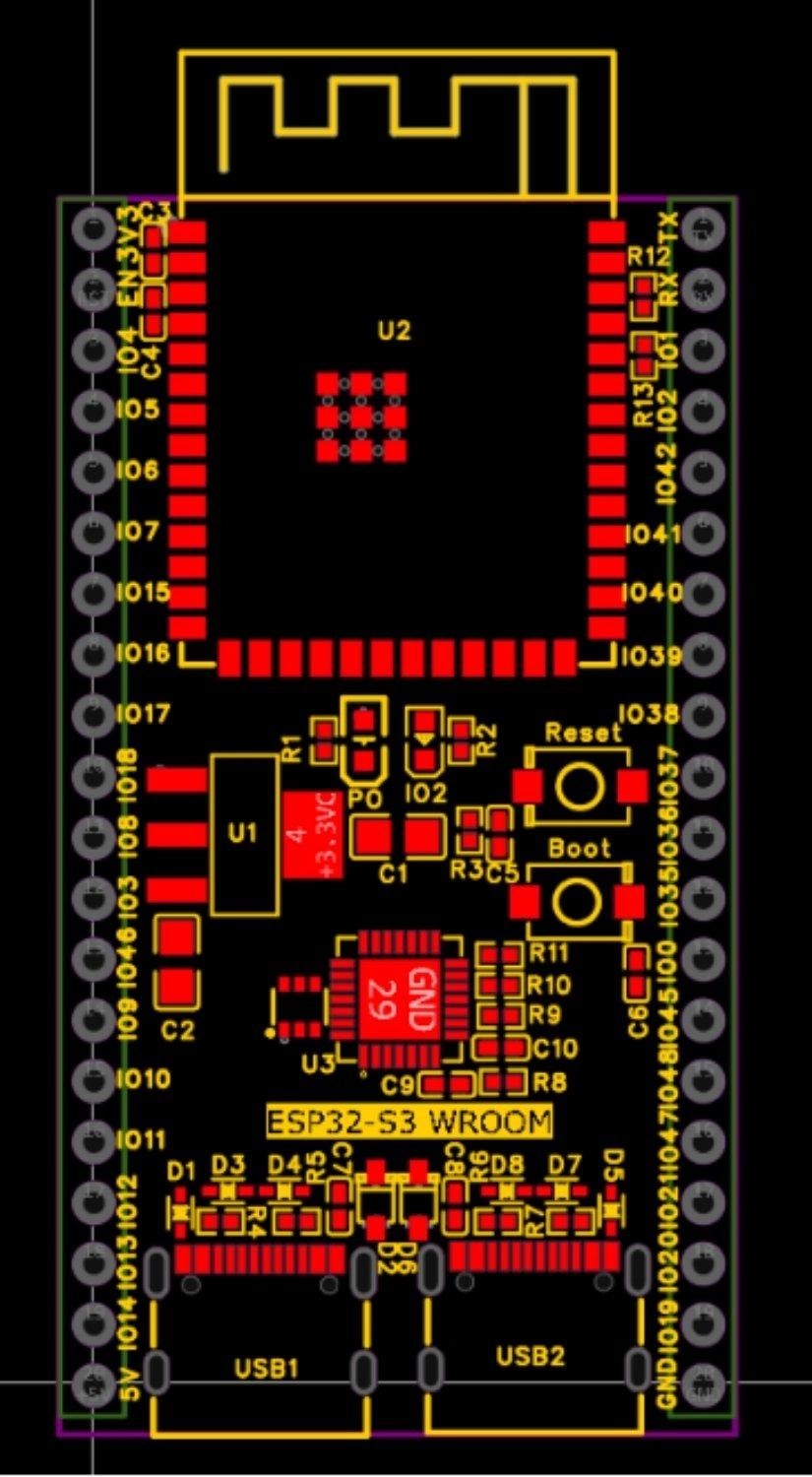 PCB layout of the Prometheus S3 board, top copper and silkscreen.