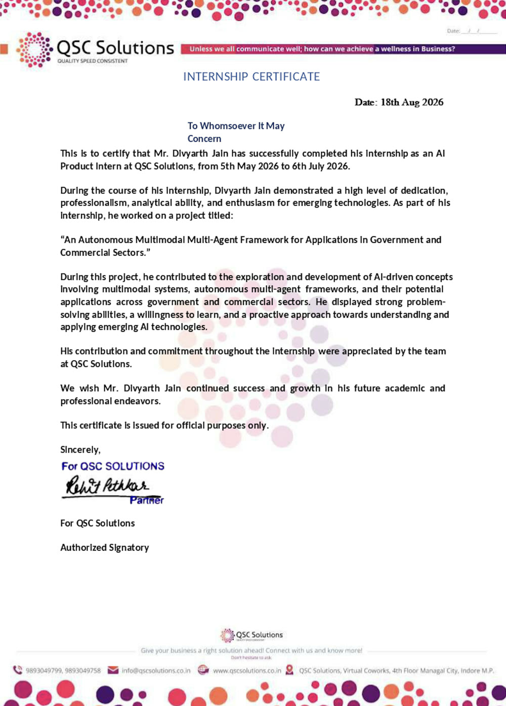 Internship certificate from QSC Solutions for AI Product Intern, 5 May 2026 to 6 July 2026, project: An Autonomous Multimodal Multi-Agent Framework for Applications in Government and Commercial Sectors.