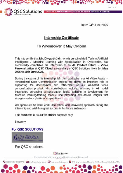 Internship certificate from QSC Solutions dated 24 June 2025, for AI Product Intern, Video Personalization at QSC Cloud, 1 May to 16 June 2025.