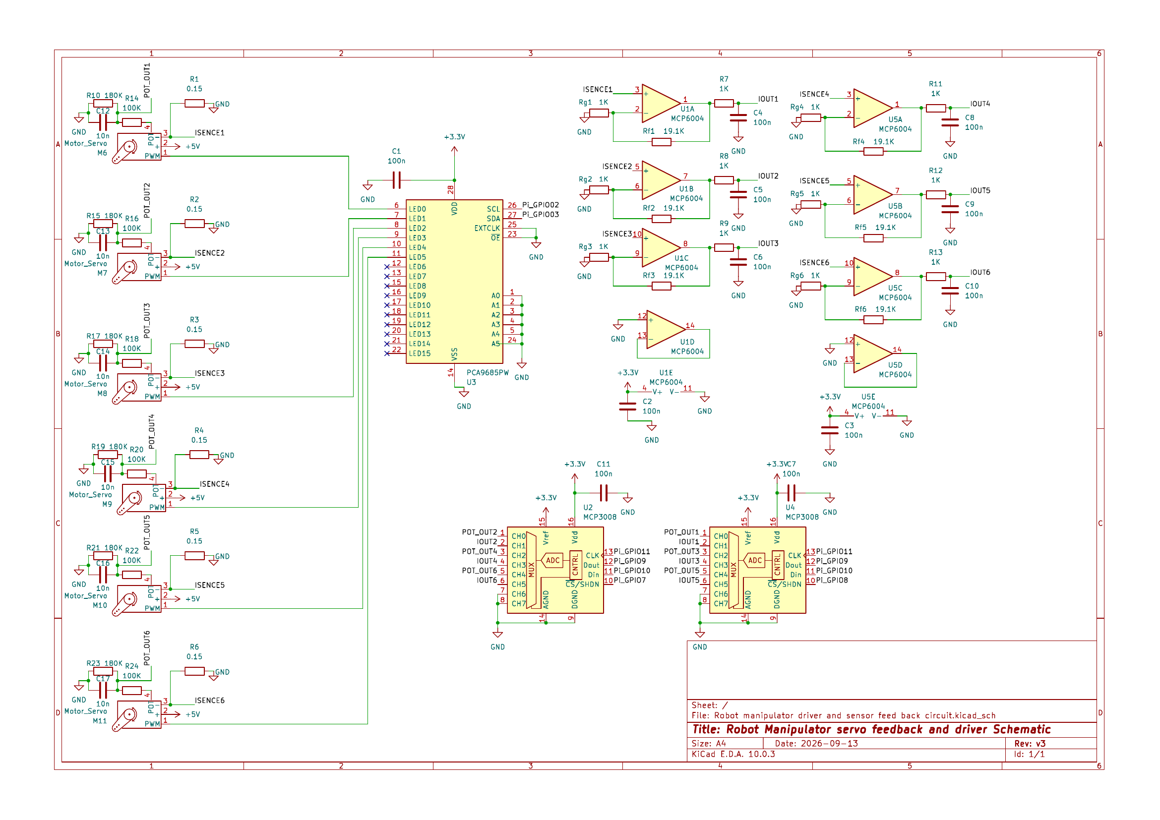 KiCad schematic of the six-servo driver and sensor-feedback board.