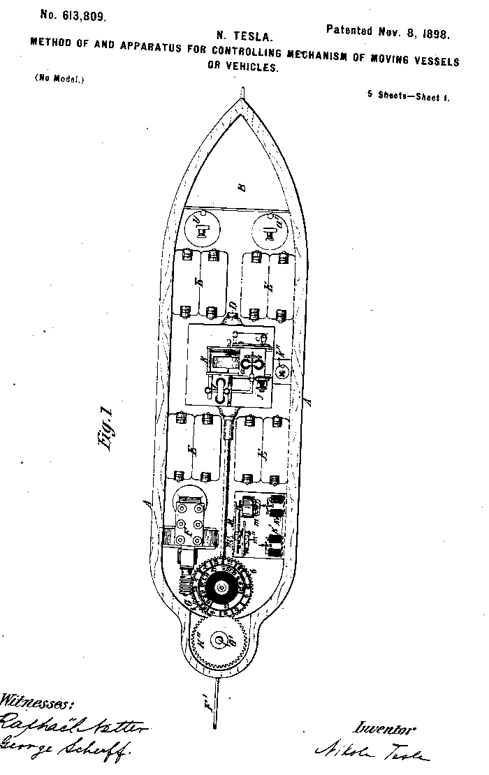 Nikola Tesla's 1898 patent drawing of a remotely controlled boat, seen from above