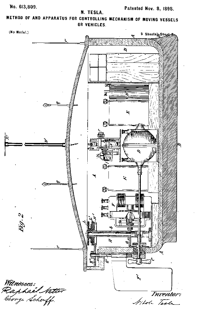 Side section of Tesla's remotely controlled boat showing batteries, motor and steering